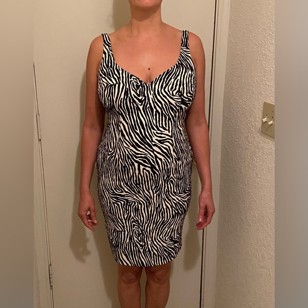Zebra pattern beaded, fully-lined vintage Cach’e dress. Sizer 10